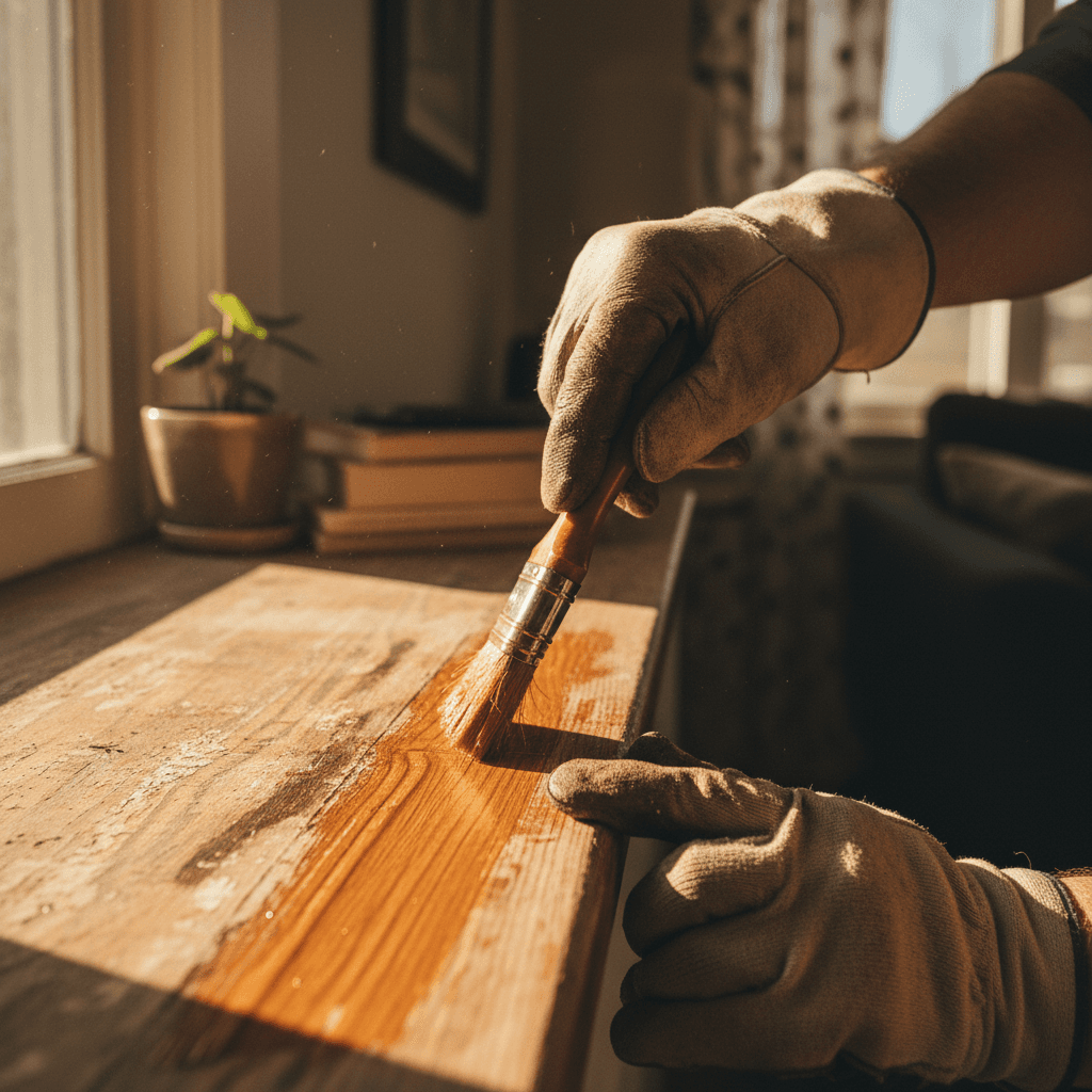 Hand sanding a wooden fence before applying a fresh stain