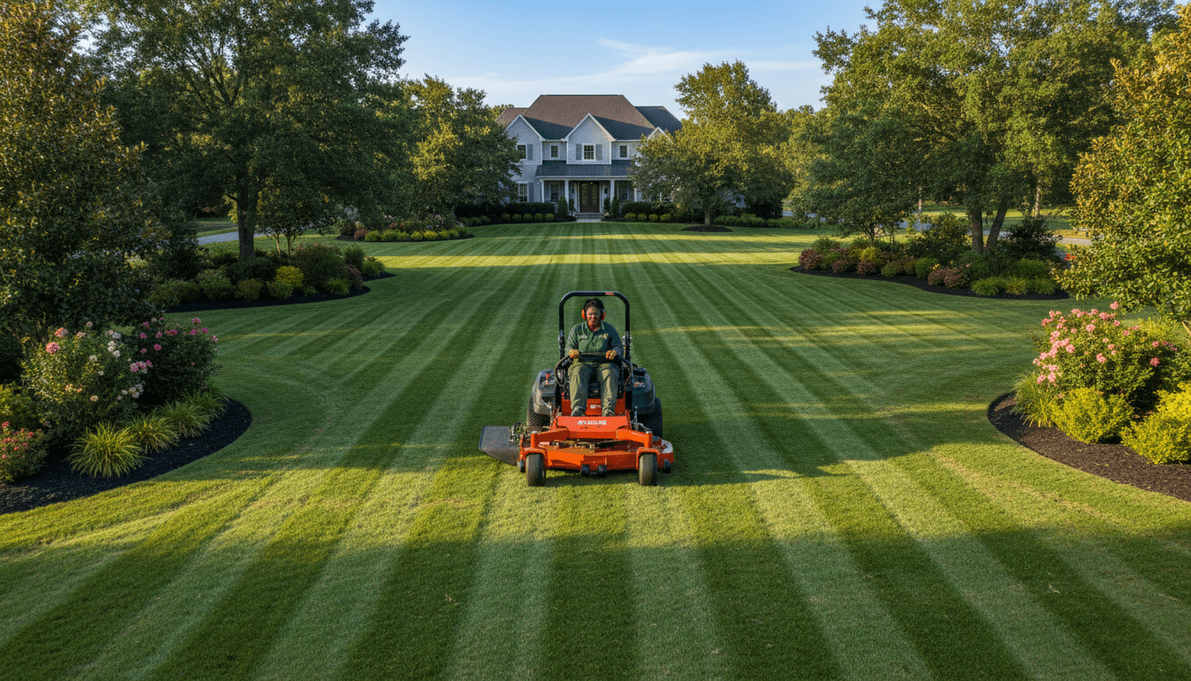 Mowing a residential lawn with a professional lawn mower