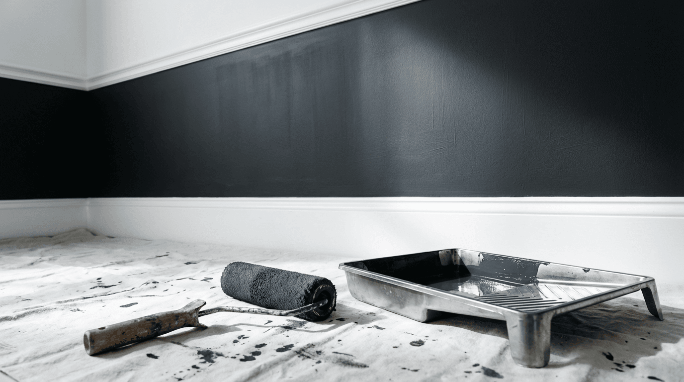 Painting an accent wall with a roller in a bright interior room