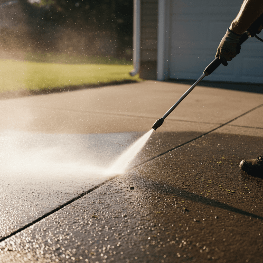 Pressure washing a concrete patio with a high-pressure water spray