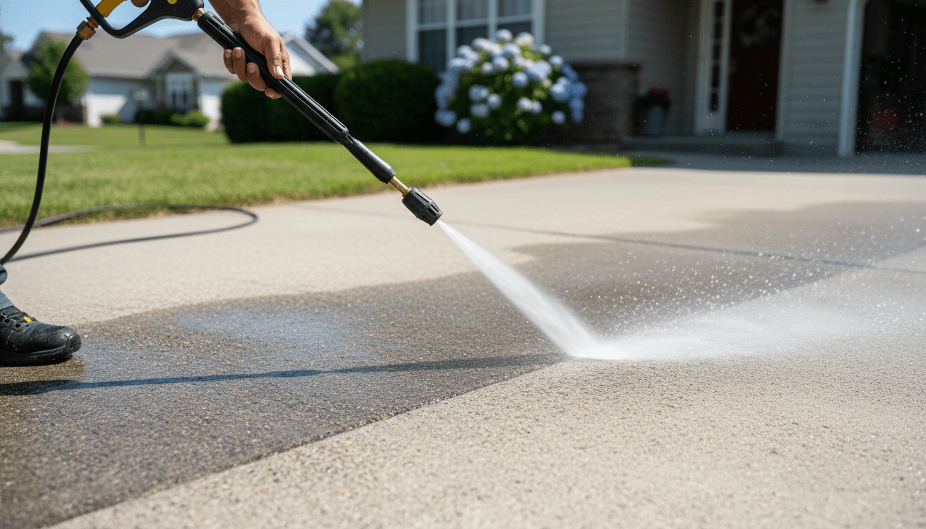 Pressure washing a concrete driveway