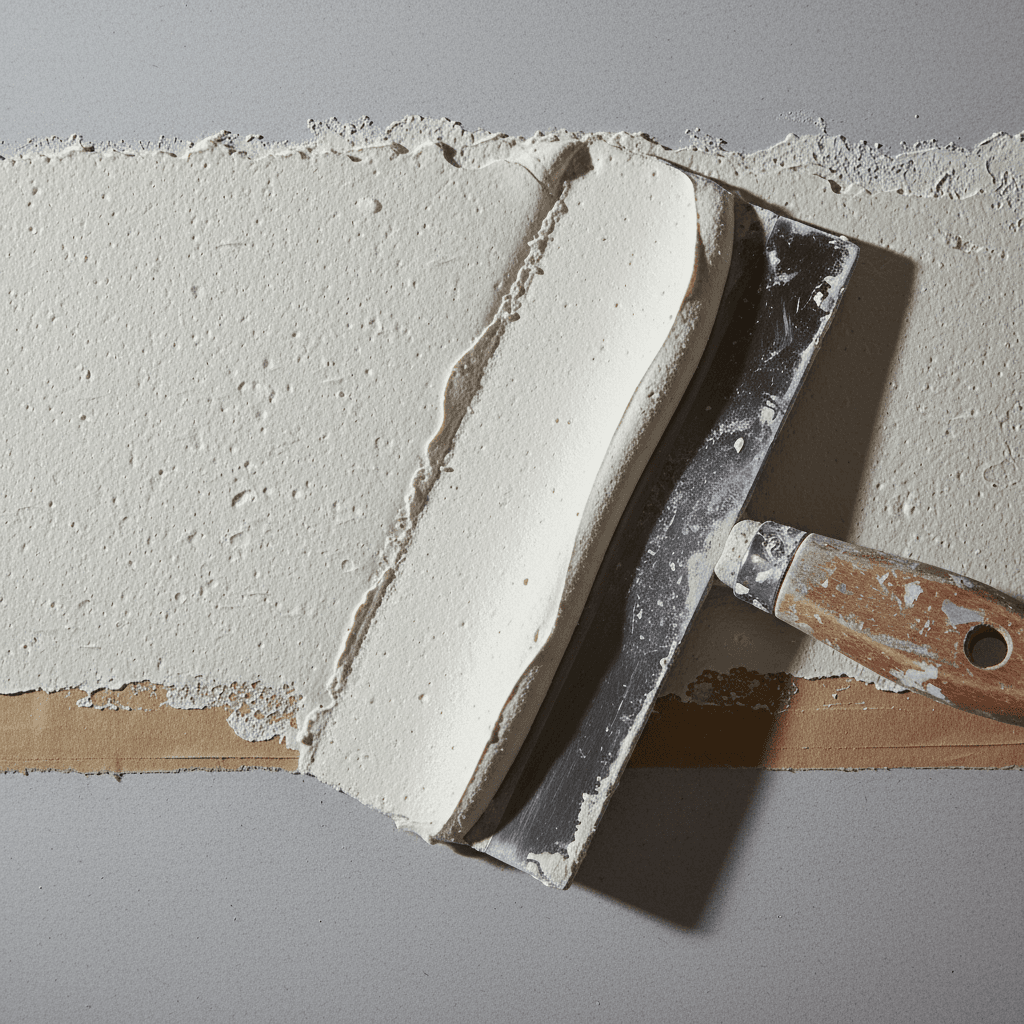 Applying filler to an interior wall before sanding it smooth