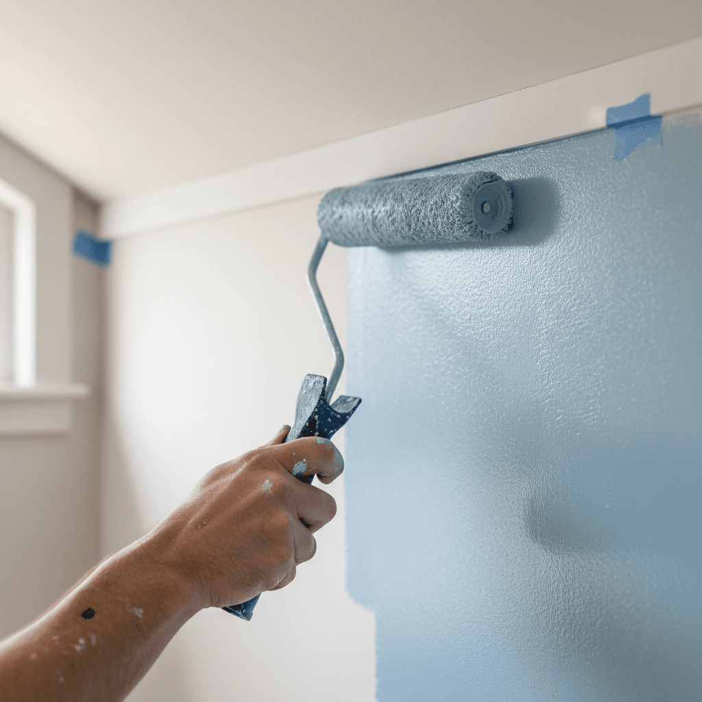 Freshly painted interior wall with a roller and paint tray