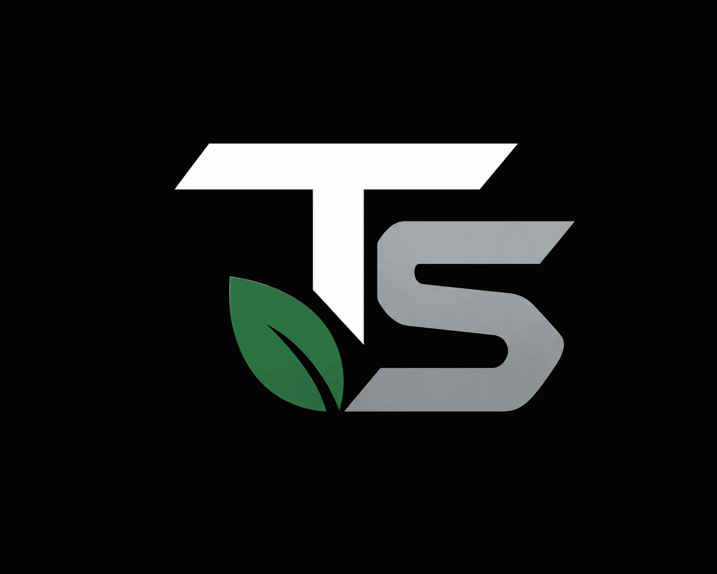 Minimalist logo with a white T and grey S integrated with a green leaf.